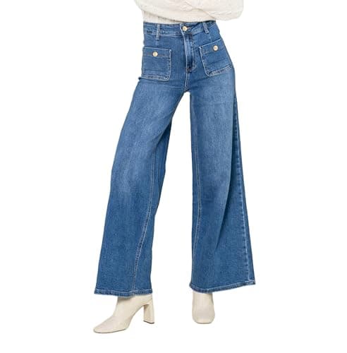 Image of Nina Carter YY308 Women's Jeans Wide Leg Trousers - High Waist Flared Trousers with Patch Pockets Vintage Wide Cut Stretch, Blue (Yy308-1), XL