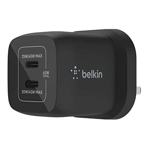 Image of Belkin 45W Dual USB Type C Wall Charger, Fast Charging Power Delivery 3.0 with GaN Technology, USB C Charger for iPhone 17, iPhone Air, iPad Pro, MacBook, Samsung Galaxy S25, Pixel And More - Black