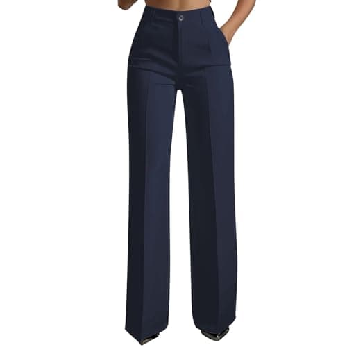Image of Work Trousers for Women UK Tailored Office Smart Pants 2026 Fashion Ladies Elegant Wide Leg Trouser Business Clothing Palazzo Pants Women's High Waisted Suit Trousers Formal Bottoms Navy S
