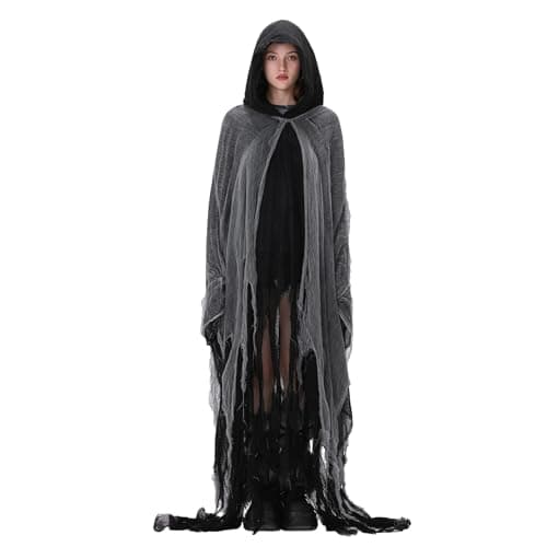 Image of Felcia Women Halloween Witch Cloak with Hood Scary Ripped Grim Reaper Cosplay Costume Horror Cape for Ghost Role Play Party (A-Black, One Size)