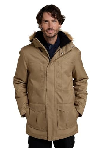 Image of Mountain Warehouse Gorge Mens Long Jacket - Waterproof Raincoat, Breathable, Lightweight, Faux Fur Hooded Puffer Coat - For Walking, Travelling & Outdoors Stone 2XL