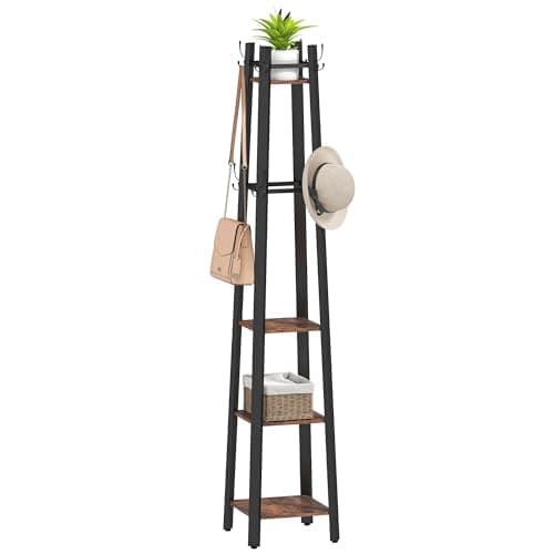 Image of HOMCOM Coat Stand, 4 Tier Freestanding Coat Rack with 8 Hooks and 4 Shelves for Clothes, Bags, Hats, Industrial Clothing Organiser for Home, Entryway, Hallway, Bedroom, Rustic Brown