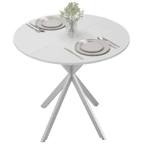 Image of HOMCOM 80cm Round Dining Table, Industrial Kitchen Table with Cross Steel Legs for Dining Room, Kitchen, Living Room, White