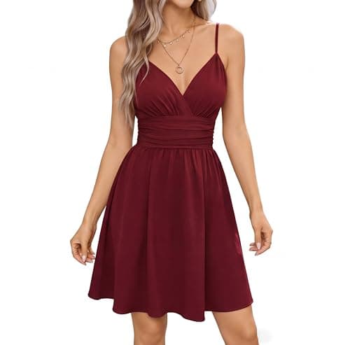 Image of ROFUSSO Women's Summer Sundress V Neck Spaghetti Strap Dress A-Line Beach Mini Dress Club Party Short Dresses(Red,M)