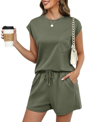 Image of Rapbin Womens Loungewear Set 2 Piece Casual Summer Outfit Cap Sleeve Crew Neck T-Shirt and Drawstring Shorts with Pockets Ideal for Vacation Travel Army Green M