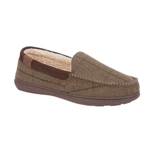 Image of Jo & Joe Men's Moccasin Slippers, Herringbone Check Tweed, Fleece and Faux Fur Lined, Slip-On (Brown Herringbone, UK Footwear Size System, Adult, Men, Numeric, Medium, 9)