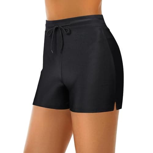 Image of Runmeihe Women's Swim Shorts with Adjustable Drawstring, Quick Dry Ladies Swim Trunks, Swimming Costume Bottoms for Surfing Cycling Running Workouts (UK, Numeric, 20, Regular, Regular, Black)