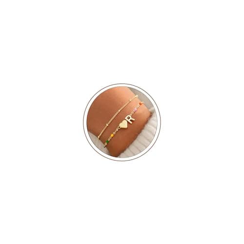 Image of TINGN Initial Bracelets for Women - 14K Gold Plated Layered Dainty Heart Initial Bracelet Letter R Charm Colorful Bead Bracelet Womens Gold Jewelry Teen Girls Birthday Gifts