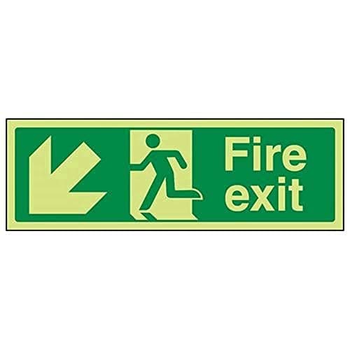 Image of V Safety Glow In The Dark Fire Exit Arrow Down Left Sign - 450mm x 150mm - Self Adhesive Vinyl