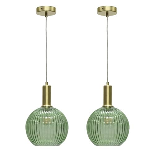 Image of firstchoicelighting Set of 2 Green Ribbed Glass Globe Ceiling Light Pendants with Modern Deco Style Satin Brass Cable Kit, Height Adjustable, Kitchen Island Dining Lighting