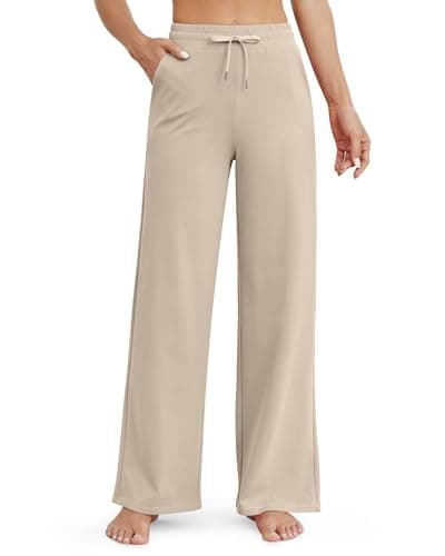 Image of G4Free Women's Yoga Pants Wide Leg Joggers for Women UK Loose Straight Leg Casual Sweatpants Drawstring Trousers Lounge Pants with Pockets Petite(Khaki,XXL)