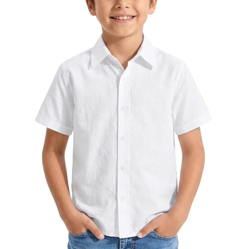 Image of viiotu Boys White School Shirts Short Sleeve Button Down Formal School Uniform Dress Shirt for Kids 4-14 Years
