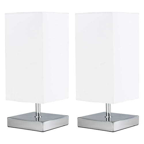 Image of MiniSun | Modern Square Polished Chrome Touch Table Lamps with White Shades | Table Lamps, Home Décor & Improvement Essential | Set of 2
