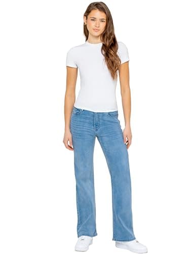 Image of 989Zé ENZO Womens Wide Leg Stretch Denim Jeans Straight Trousers Casual Cotton Relaxed Fit Baggy Loose Pants with Pockets (UK, Numeric, 12, Regular, Regular, Light Blue)