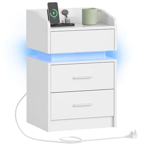 Image of HOOBRO Bedside Table with 20-Color LED Lights, 3-Drawer Side Table with Charging Station, High Gloss Nightstand, Sofa Table for Bedroom, Living Room, White EWT205KDBZ01