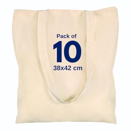 Image of Cotton Canvas Plain Tote Bags to Decorate in Bulk Pack of 10, 100% Natural Cotton Premium 145gsm (5 Oz.) Fabric Blank Reusable Large Canvas bag -38 X 42 cm+65cm long Handles (Pack of 10-Natural)