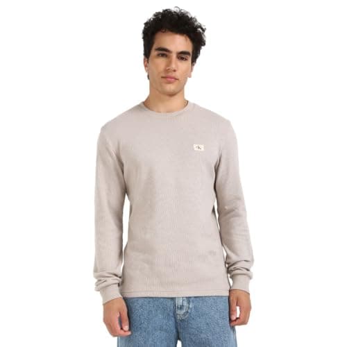 Image of Calvin Klein Jeans Long Sleeve Woven Label Waffle Pan Atmosphere T-Shirt, beige, S