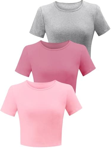 Image of BryticFlow 3 Pack Workout Crop Tops for Women Cotton T-Shirts Short Sleeve Cropped Fitted Tops Basic Cute Tees Casual Crew Neck Summer Tshirts Yoga Gym Clothes Grey/Pink/Dusty Rose XL