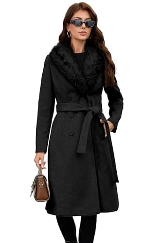 Image of PAPILLON D'OR Women's Long Wool Coat - Double-Breasted Belted Trench with Detachable Faux Fur Collar (Black, L)