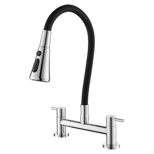 Image of BAITUJIE Kitchen Sink Taps Mixer, 2 Hole Kitchen Faucet with 360° Swivel Flexible Spout Deck Mounted Dual Lever Sink Kitchen Mixer Tap, Chrome and Matte Black