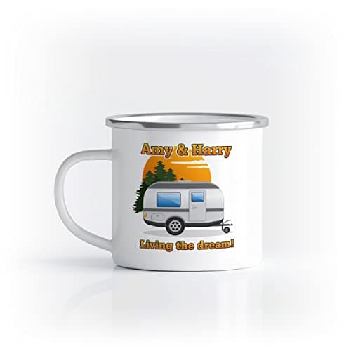 Image of iCaseDesigner Personalised Vintage Caravan Enamel Metal Mug. Any Name and Message