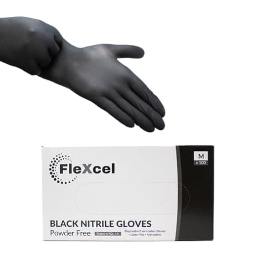 Image of FleXcel Powder Free Nitrile Gloves, Black, Medium - Medical-Grade, Latex-Free, Food Safe (Box of 100)