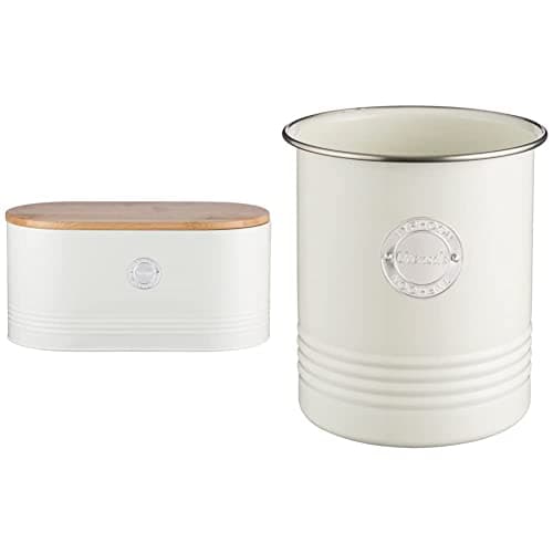Image of Typhoon Living Bread Bin with Bamboo Lid, 16 x 33.5 x 18 cm, Cream & Utensil Pot, Steel, Cream, 15cm