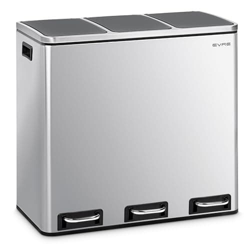 Image of EVRE 54 Litres 18l x 3 Stainless Steel Compartment Indoor Recycling Bin with Soft Closing Lids, Pedal Mechanism, Fingerprint Proof and Odour Seal for Kitchens Bathroom Office