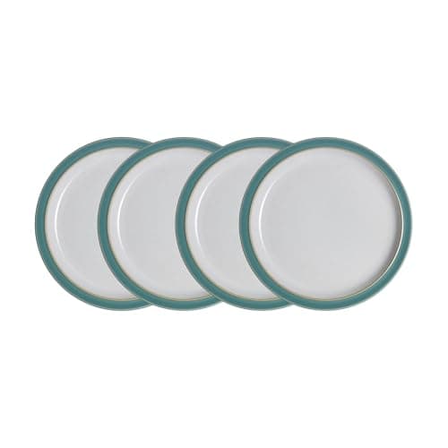 Image of Denby - Elements Medium Fern Green Plates Set of 4 - Dishwasher Microwave Safe Crockery 22cm - Green, White Ceramic Stoneware Tableware - Chip & Crack Resistant Lunch Plates