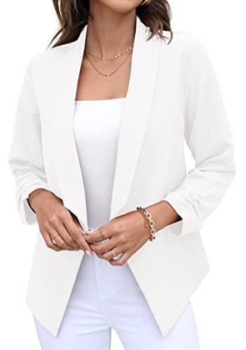Image of GRECERELLE Womens Blazer Suit Open Front Cardigan 3/4 Ruched Sleeve Casual Work Office Cropped Blazer Jacket for Ladies (White, US 10= UK12-14)