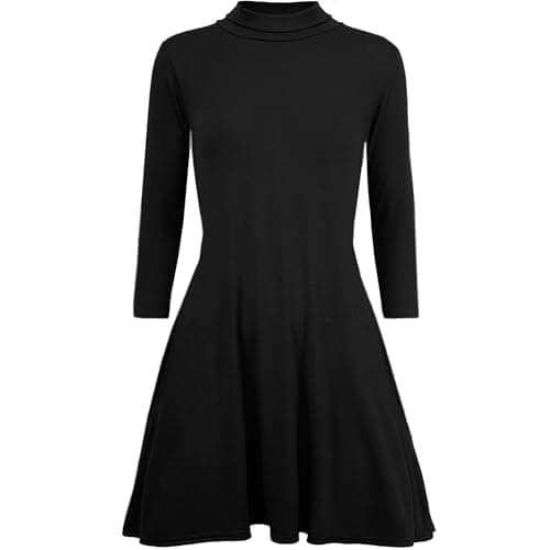Image of P&R DANCEWEAR LTD Women Long Sleeve Turtle Neck Flared Swing Skater Mini Dress – Stretchy Polo Neck Party Dress, Soft Polyester Blend (S-M, Black)