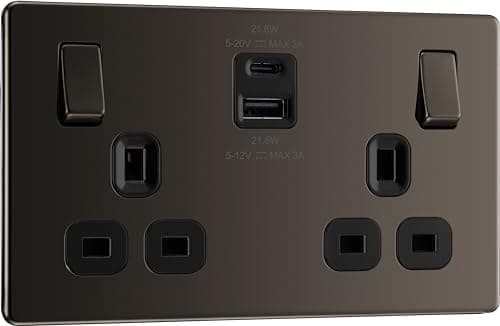 Image of BG Electrical 22W Double Switched Power Wall Plug Socket with Fast Charge Type A and C USB Ports, Screwless, Flatplate, Black Nickel, 13A, FBN22UAC22B