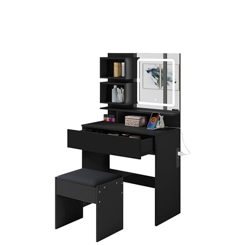 Image of Dressing Table, Vanity Desk with LED Lights and Charging Station, Vanity Table with Mirror and Stool, Makeup Table with 1 Drawer 5 Shelves Storage, Black Vanity Makeup Desk for Bedroom