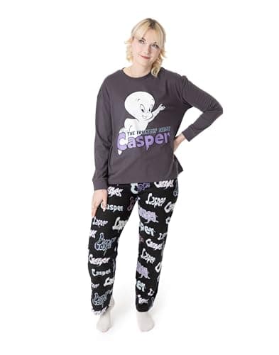 Image of Vanilla Underground Casper the Friendly Ghost Womens Pyjama Set | Adults Casper Character Graphic Long Sleeve Top & Long Leg PJ Bottoms in Grey & Black | Ladies Ghost Print Nightwear