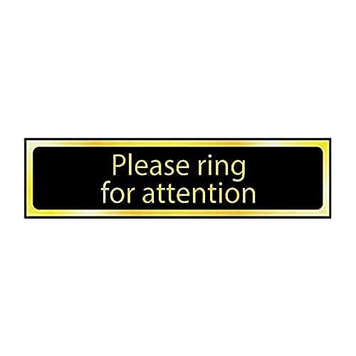 Image of CenturionPlease Ring For Attention Sign - Self-Adhesive PVC - Black and Polished Gold Effect - 200mm x 50mm