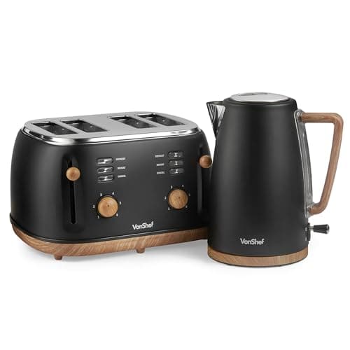 Image of VonShef Kettle and Toaster Set – Scandi 1.7L Rapid Boil Kettle 3000W & 4 Slice Wide Slot Toaster 1500W with 6 Browning Controls & High Lift – Nordic Black and Wood Accents – Fika Range