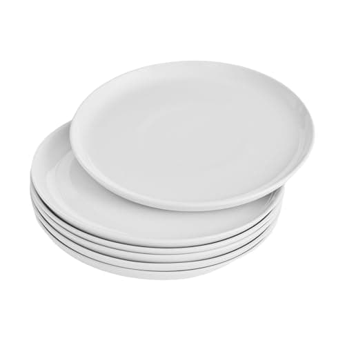Image of WishDeco White Dinner Plates Set of 6, Porcelain Salad Plates 23 cm / 9 inch, Modern Kitchen Plate, Round Serving Dishes, Microwave and Dishwasher Safe, Scratch Resistant, Smooth Glaze
