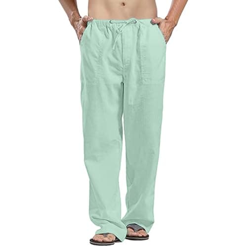 Image of Generisch Linen Trousers Men's Long Summer Fabric Trousers Chef Trousers For Men Jogging Bottoms Men's Summer Trousers Drawstring Yoga Trousers Men's Trousers Relaxed Plain Fit Casual Straight Legs
