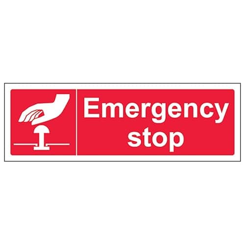 Image of V Safety Emergency Stop - Red - Landscape 300 x 100 mm - 2mm Rigid Plastic Safety Sign