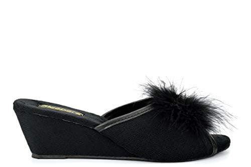 Image of Sleepers Womens Jewelled Rosette Boa Wedge Mule Slippers Black 8 UK