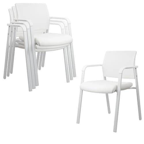 Image of CLATINA Stacking Office Chairs | Mesh Back, Thicken Leather Seat and Arms, Ergonomic Lumbar Support | Guest Reception, Waiting, Conference, School, Party, Customer, Side, Stationary | Set of 4, White