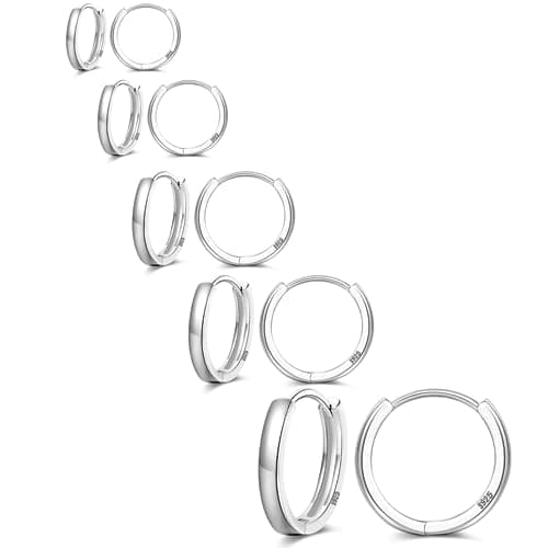Image of NEVEGE 5 Pairs Sterling Silver Hoop Earrings Small Silver Hoop Earrings for Women 925 Sterling Silver Huggie Earring Hypoallergenic Sleepers Earring Set for Cartilage 8/10/12/14/16mm
