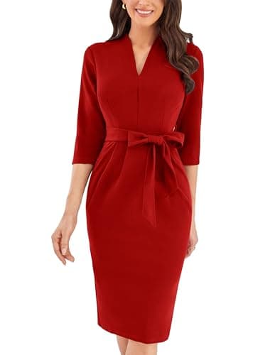 Image of GRACE KARIN Women's Cocktail Dress 3/4 Sleeve Elegant Wedding Guest Bodycon Belted Dresses with Pockets Red XL