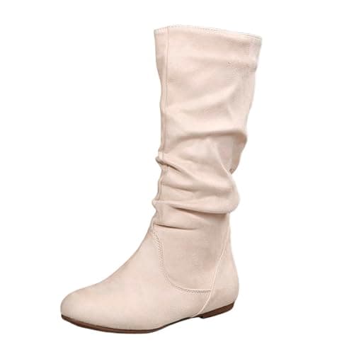 Image of Generisch Ladies Fashion Solid Color Pleated Suede British Style Mid Flat Sole Boots, beige, 7 UK