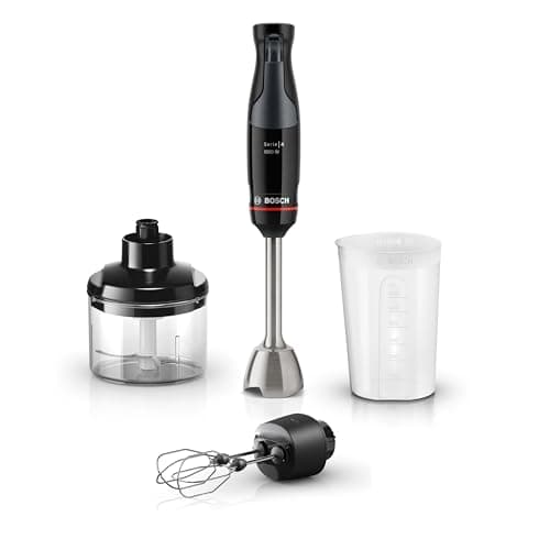 Image of Bosch ErgoMaster Series 4 MSM4B624GB Pressure Controlled Speed 3 in 1 Hand Blender with Double Whisk, Mini Chopper and Beaker, Stainless Steel Blade, 1000 W Motor, Black