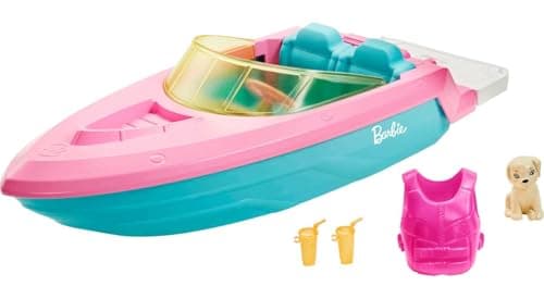Image of Barbie Boat with Puppy and Themed Accessories, Fits 3 Dolls, Floats in Water, Great Gift for 3 to 7 Year Olds, GRG29