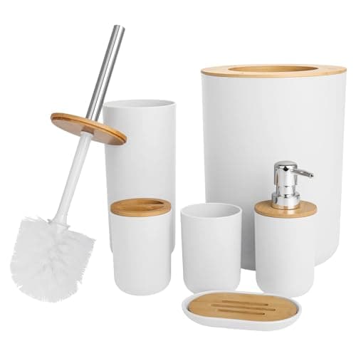 Image of GREENSAPPIRE Bathroom Accessories Set - 6-piece Modern Bathroom Bin And Toilet Brush Set - Includes Trash Can Toilet Brush Toothbrush Holder Soap Dispenser Soap Dish and Mouthwash Cup (White)