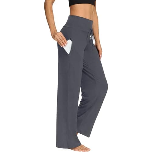 Image of DDOBB Yoga Pants for Women with Pockets Ladies Wide Leg Pants High Waist Stretch Tummy Control Trousers Gym Jogging Casual Trousers Sports Sweatpants Dark Grey
