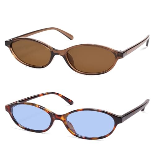 Image of HERJOUR Retro Oval Cat Eye Sunglasses for Women Y2k Trendy Narrow Sunnies Designer Sun Glasses AR82253, B16 Clear Brown+tortoise/Blue, M