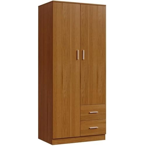 Image of Panana Wooden 2 Door 2 Drawer Wardrobe with Shelf and Hanging Rail Modern Clothes Storage Cupboards Unit for Bedroom Furniture W 77 * D 50 * H 180cm (Oak Effect)